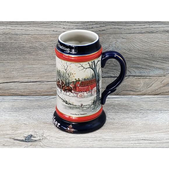 Budweiser Other - 1990 Budweiser Stein Clydesdales Horses Holiday Beer Dark Blue Trim